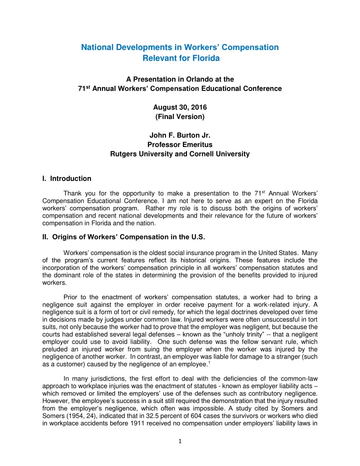 national developments in workers compensati on relevant