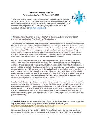 Virtual Presentation Abstracts  Participation, Equity and Inclusion: L2DL 2018  Virtual