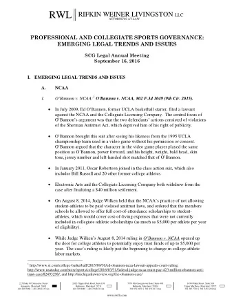RWL RIFKIN WEINER LIVINGSTON LLC  ATTORNEYS AT LAW  PROFESSIONAL AND COLLEGIATE SPORTS GOVERNANCE: