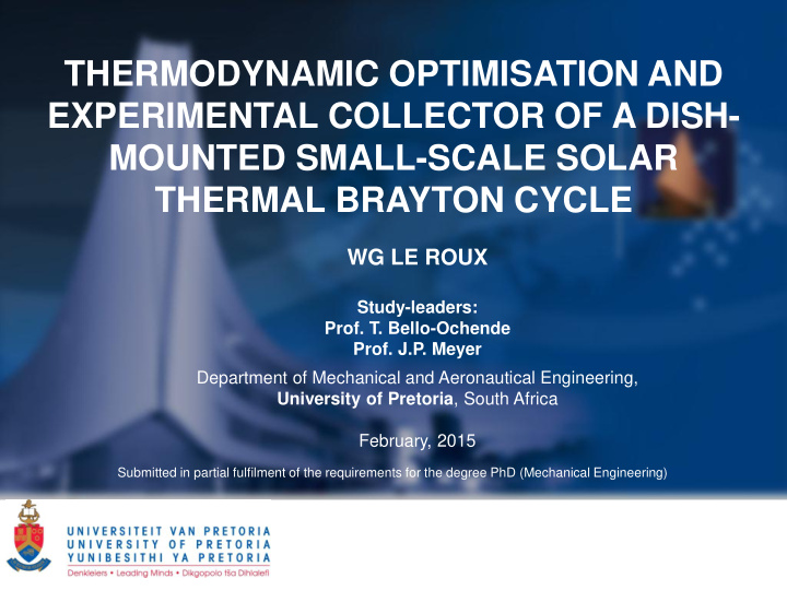 thermodynamic optimisation and experimental collector of