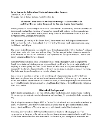 Historical Background  Before the Reformation, all of CH was catholic. After the Reformation,