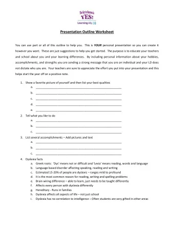Presentation Outline Worksheet You can use part or all of this outline to help you.  This is YOUR