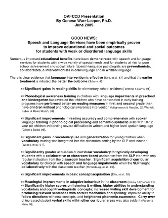 OAFCCD Presentation  By Genese Warr-Leeper, Ph.D.  June 2005  GOOD NEWS:  Speech and Language