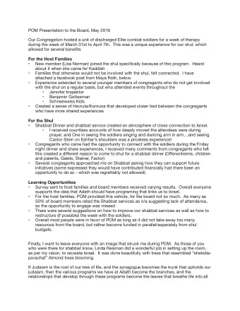 POM Presentation to the Board, May 2019  Our Congregation hosted a unit of discharged Elite combat