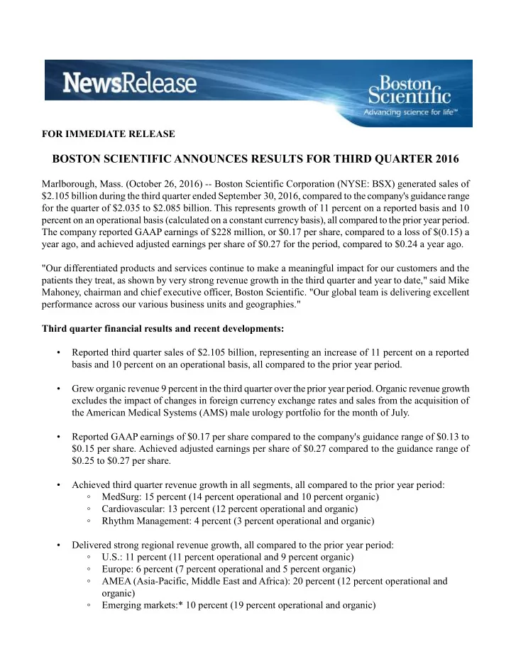 boston scientific announces results for third quarter 2016