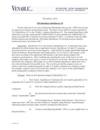 November 6, 2014  ISS Introduces QuickScore 3.0  For the sixth time in six years, Institutional