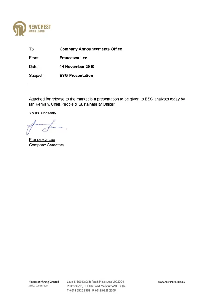 to company announcements office from francesca lee date