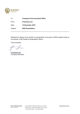 To:  Company Announcements Office  From:  Francesca Lee  Date: 14 November 2019  Subject:  ESG