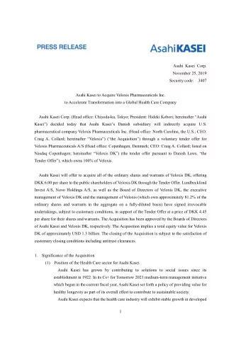 Asahi Kasei Corp.  November 25, 2019  Security code:  3407  Asahi Kasei to Acquire Veloxis