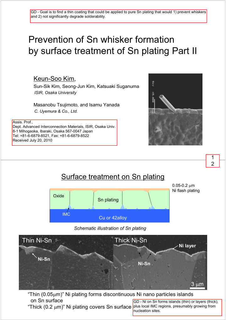 prevention of sn whisker formation by surface treatment