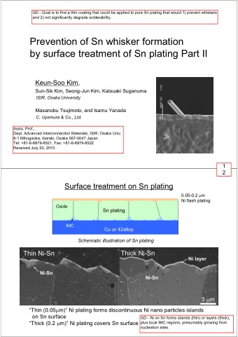 Prevention of Sn whisker formation  by surface treatment of Sn plating Part II  Keun-Soo Kim,