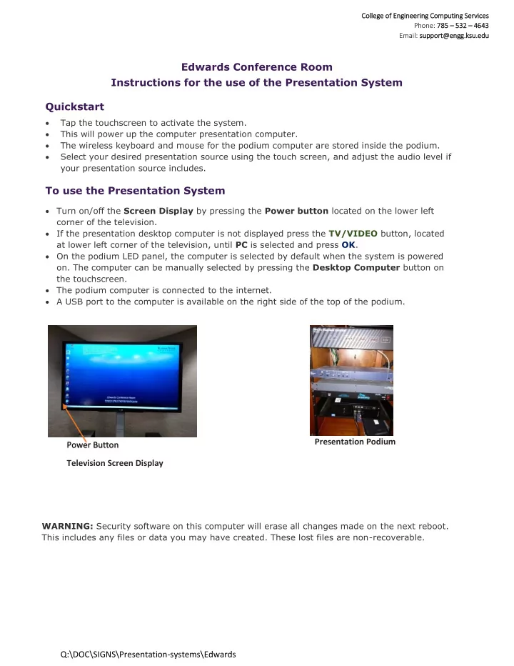 edwards conference room instructions for the use of the