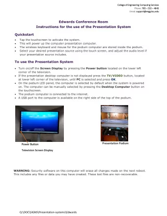 Edwards Conference Room  Instructions for the use of the Presentation System  Quickstart   Tap