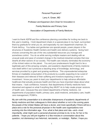 Personal Physicians?  Larry A. Green, MD  Professor and Epperson Zorn Chair for Innovation in