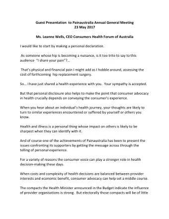 Guest Presentation  to Painaustralia Annual General Meeting  23 May 2017  Ms. Leanne Wells, CEO