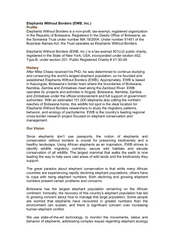 Elephants Without Borders (EWB, Inc.) Profile  Elephants Without Borders is a non-profit,