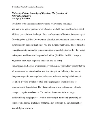 University Politics in an Age of Paradox: The Question of  Internationalization  An Age of Paradox