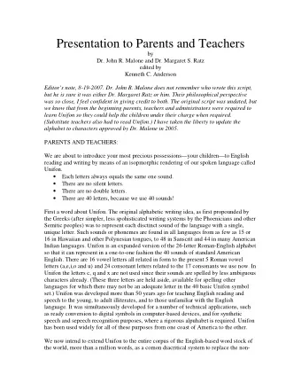 Presentation to Parents and Teachers  by  Dr. John R. Malone and Dr. Margaret S. Ratz  edited by