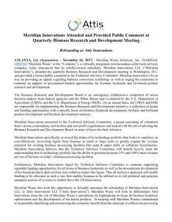 Meridian Innovations Attended and Provided Public Comment at  Quarterly Biomass Research and