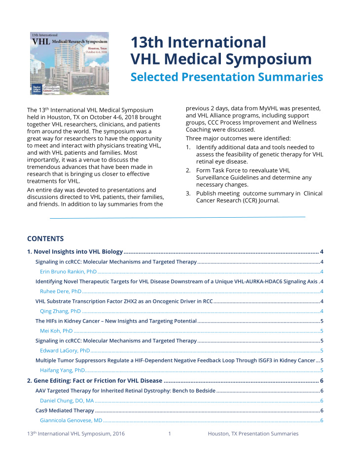 13th international vhl medical symposium