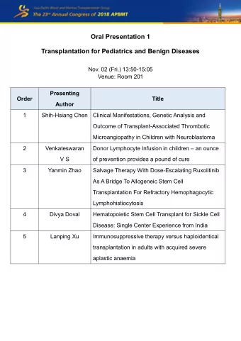 Oral Presentation 1 Transplantation for Pediatrics and Benign Diseases Nov. 02 (Fri.) 13:50-15:05