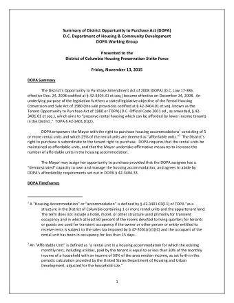 Friday, November 13, 2015 DOPA Summary The Districts Opportunity to Purchase Amendment Act of