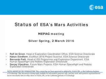 Mars Exploration at ESA  TGO and EDM  ExoMars  Mars Express  MSR elements  Rover + Platform Mission