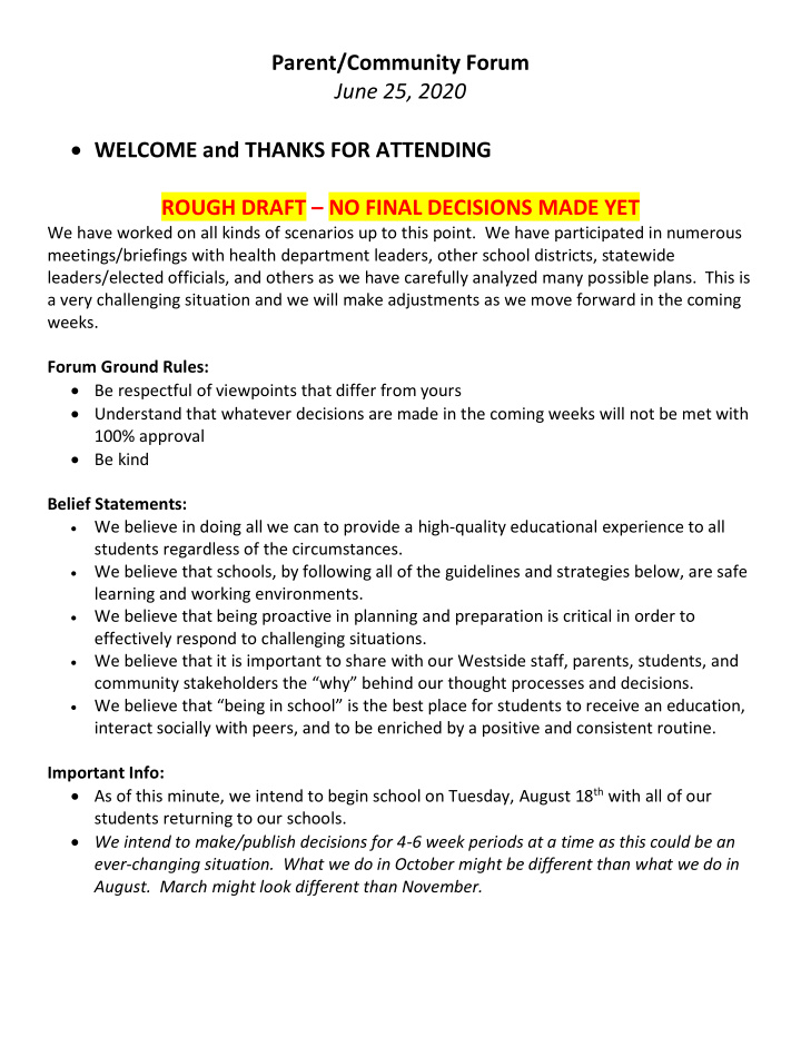 parent community forum june 25 2020 welcome and thanks