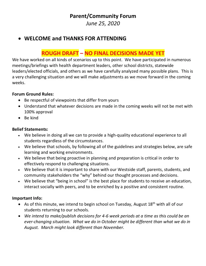 parent community forum june 25 2020 welcome and thanks
