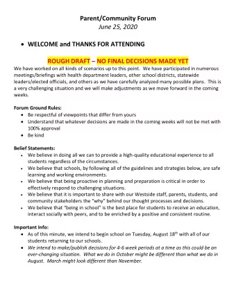 Parent/Community Forum  June 25, 2020  WELCOME and THANKS FOR ATTENDING ROUGH DRAFT  NO FINAL