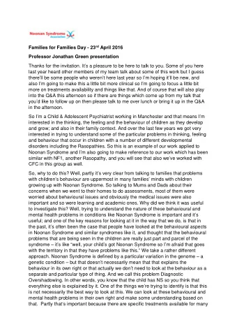 Families for Families Day - 23 rd April 2016  Professor Jonathan Green presentation  Thanks for the