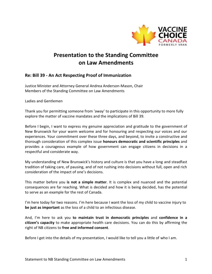 presentation to the standing committee on law amendments