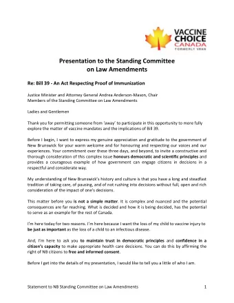 Presentation to the Standing Committee  on Law Amendments  Re: Bill 39 - An Act Respecting Proof of