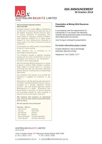 AUSTRALIAN BAUXITE LIMITED  AN  BAUXITE LTD   ABX  BX  On the Path to Production Dec14  Mining