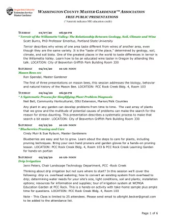 W ASHINGTON C OUNTY M ASTER G ARDENER  A SSOCIATION FREE PUBLIC PRESENTATIONS ( * Asterisk
