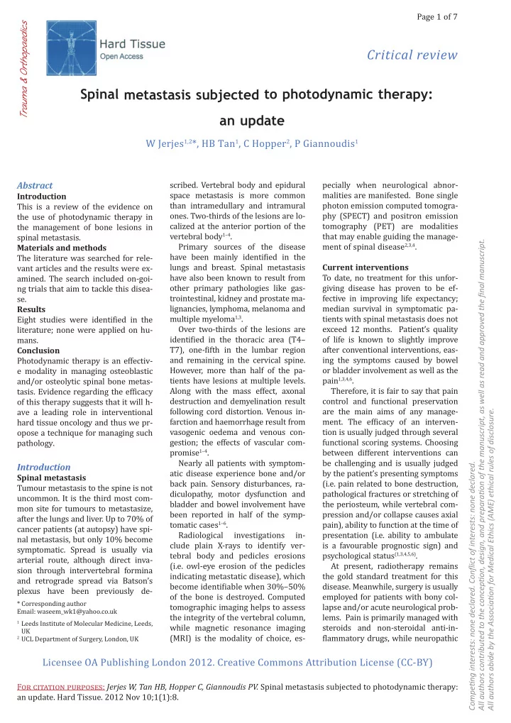 critic al r eview spinal metastasis subjected to