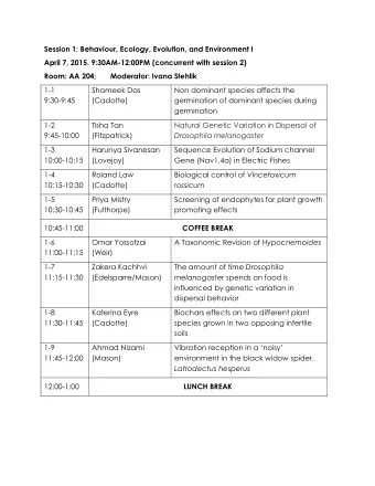 Session 1: Behaviour, Ecology, Evolution, and Environment I  April 7, 2015. 9:30AM-12:00PM