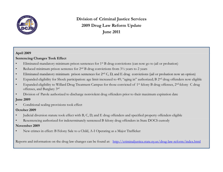 division of criminal justice services 2009 drug law