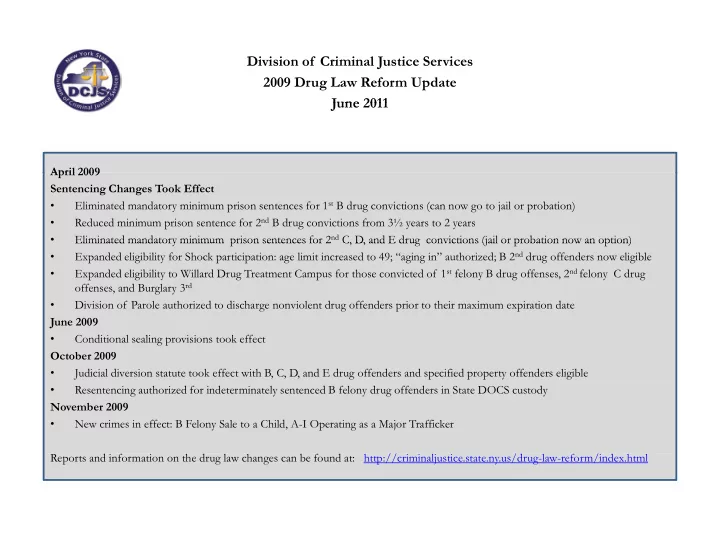 division of criminal justice services 2009 drug law