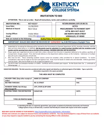 INVITATION TO BID  ATTENTION:  This is not an order.  Read all instructions, terms and conditions