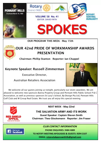 SPOK  SPOKES  ES  SPOK  SPOKES  ES  District 9685  NSW, Australia  OUR PROGRAM THIS WEEK - May 15th