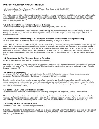 PRESENTATION DESCRIPTIONS: SESSION 1 1.1) Heirloom Food Plants: What are They and Why are They