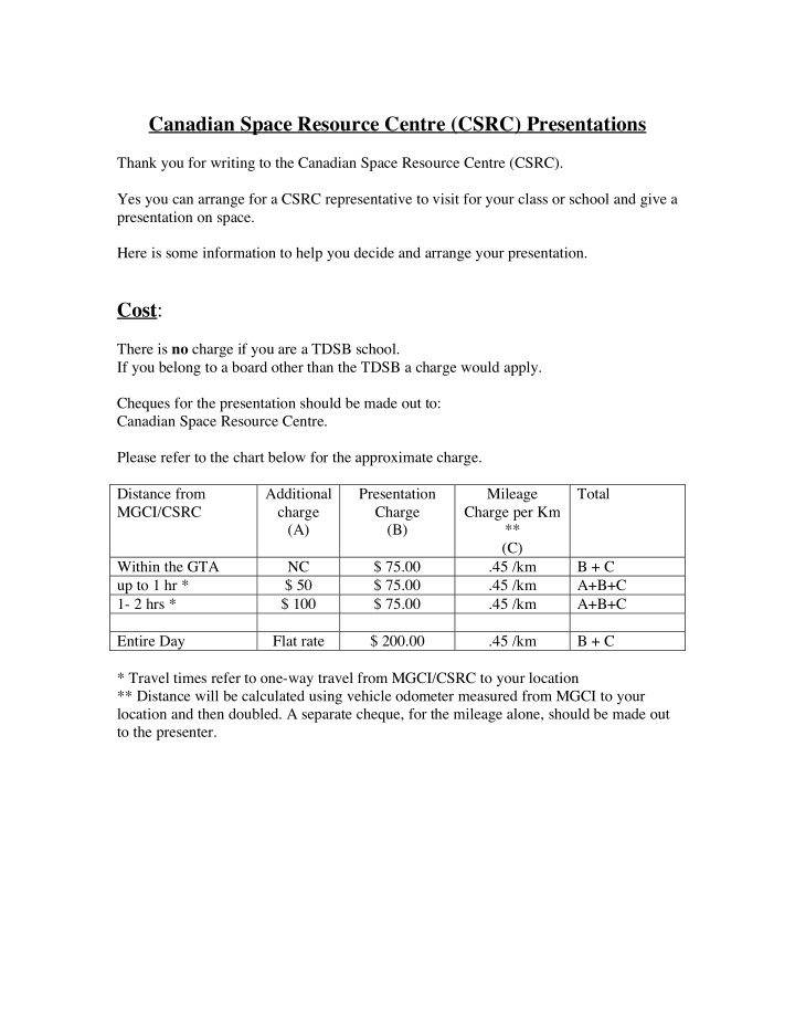 canadian space resource centre csrc presentations