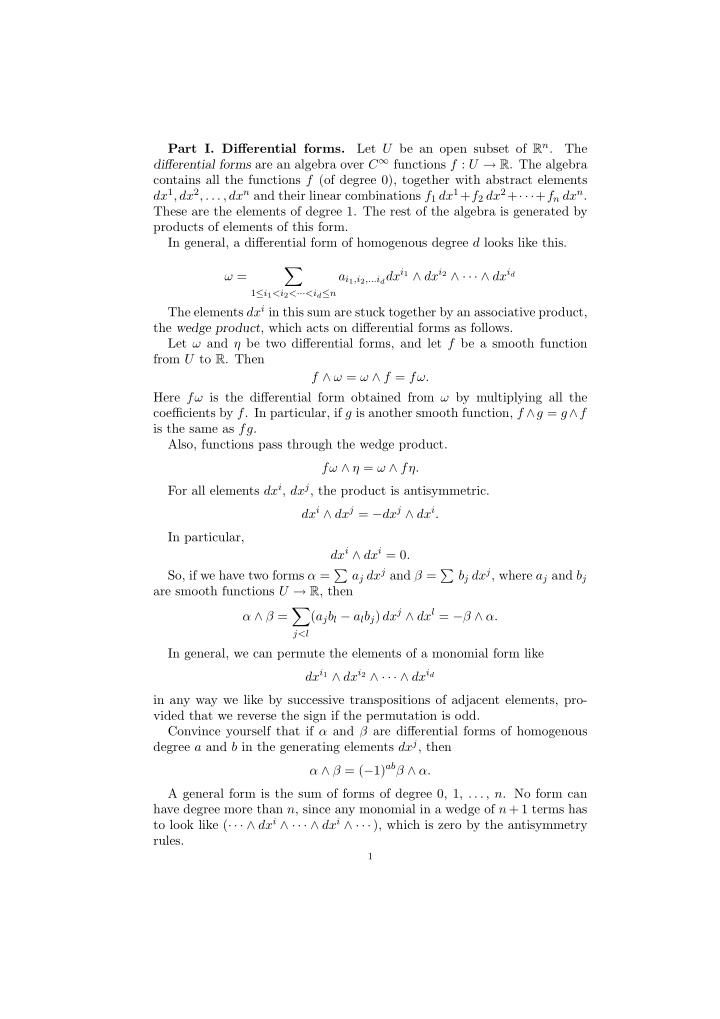 let u be an open subset of r n part i differential forms