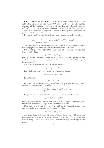 Let U be an open subset of R n .  Part I. Differential forms.  The differential forms are an