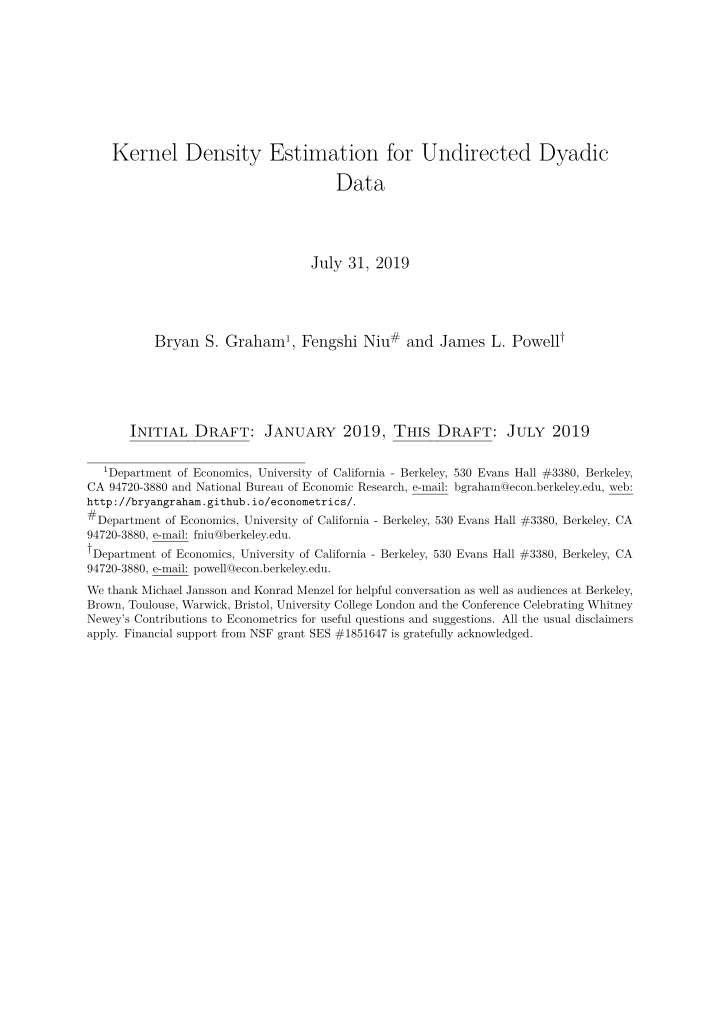 kernel density estimation for undirected dyadic data