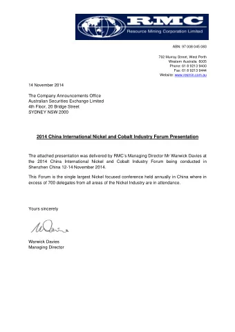 ABN: 97 008 045 083  702 Murray Street, West Perth  Western Australia  6005  Phone: 61 8 9213 9400