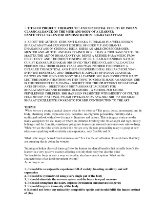 1. TITLE OF PROJECT : THERAPEUTIC AND BENEFICIAL EFFECTS OF INDIAN  CLASSICAL DANCE ON THE MIND AND