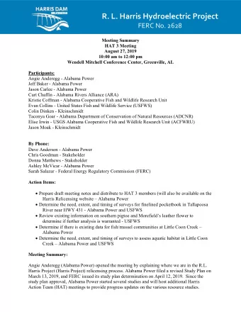 R. L. Harris Hydroelectric Project FERC No. 2628  Meeting Summary  HAT 3 Meeting  August 27, 2019