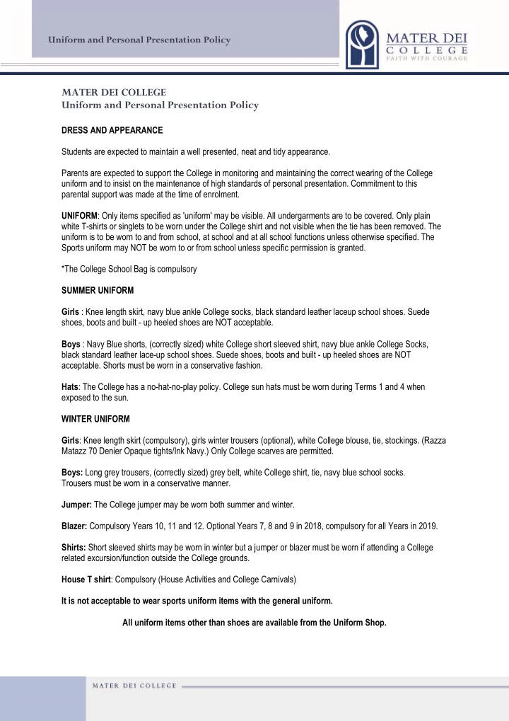 uniform and personal presentation policy